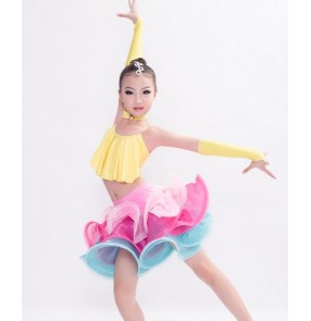 Yellow blue fuchsia hot pink patchwork girls kids children performance competition latin salsa cha cha dance dresses set